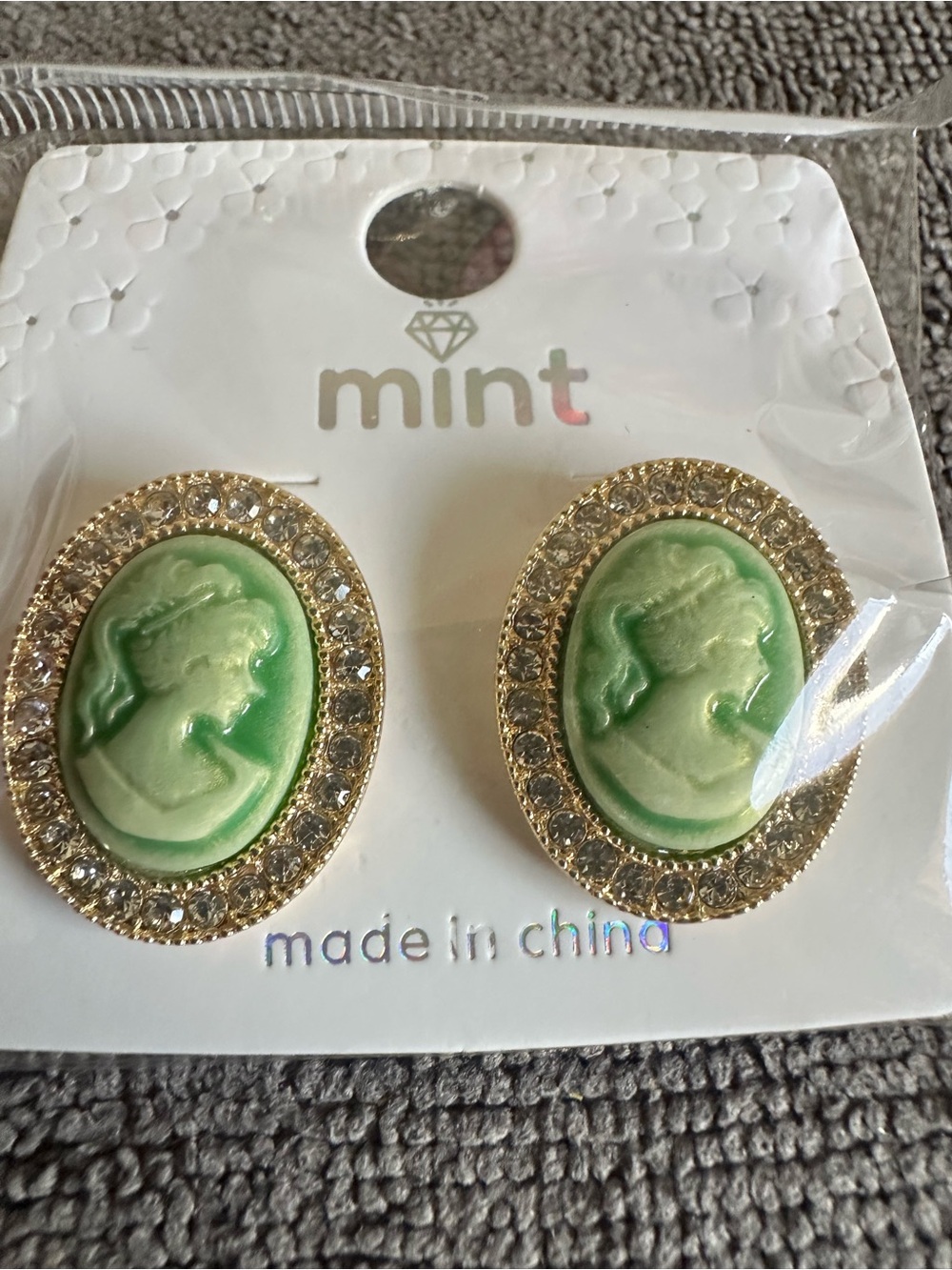 Mint Gold-Tone Green Cameo Crystal Halo Stud Earrings